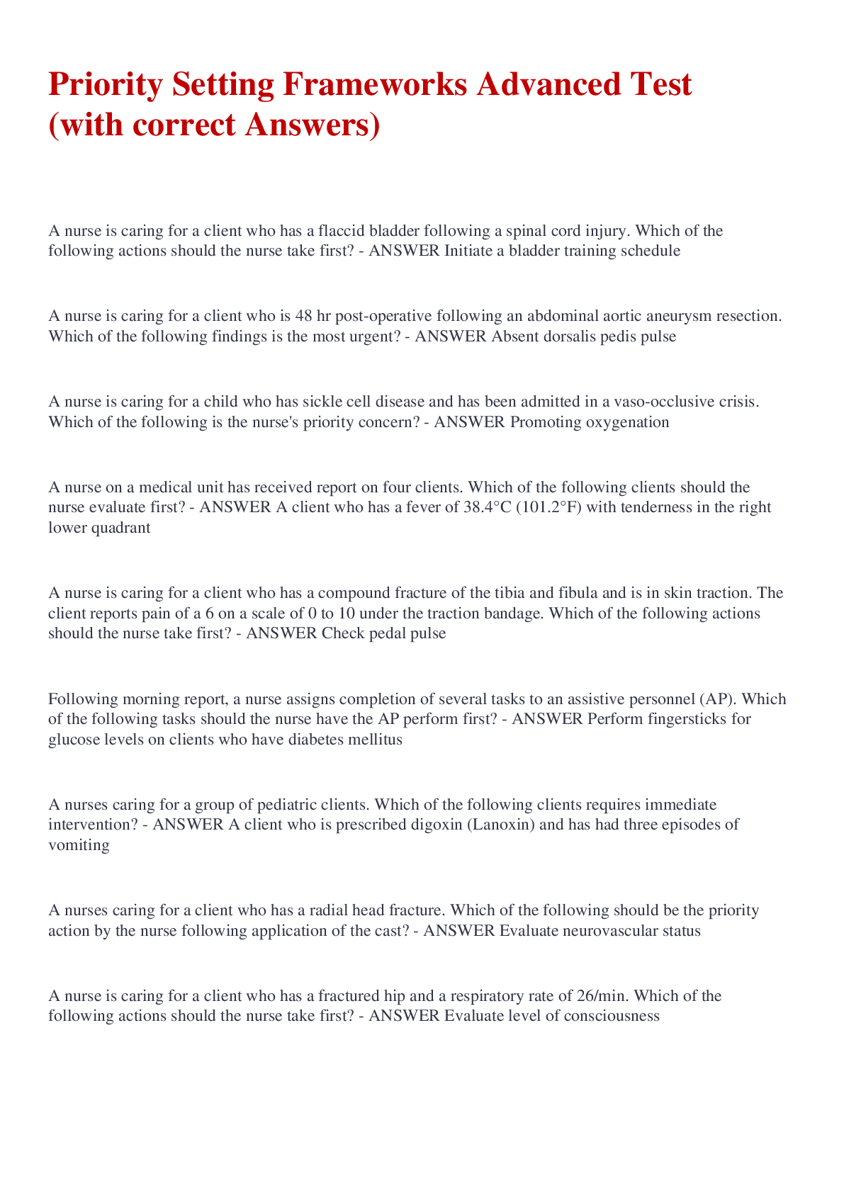 Preview image of Priority Setting Frameworks Advanced Test (with correct Answers) document